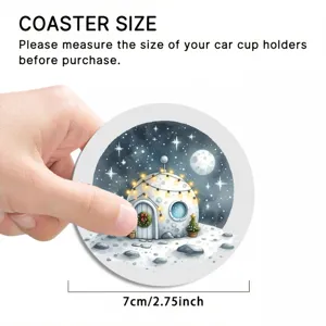 Detailed close-up view of the lovely Christmas winter house pattern on a portable car coaster.
