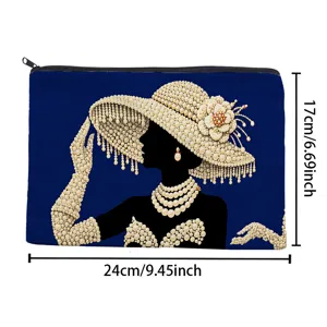 Canvas makeup bag with elegant pearl lady pattern, durable zipper pencil case for storage.