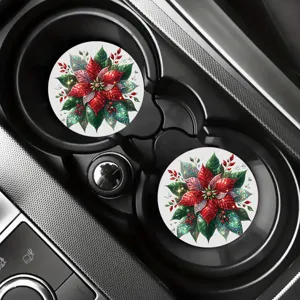 Set di 2 sottobicchieri per auto di Natale, inserto portabicchieri assorbente con design floreale festivo.