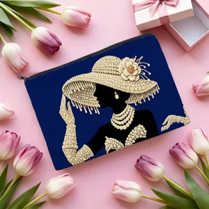 Canvas cosmetic bag zipper pouch with elegant pearl lady print for daily storage use.