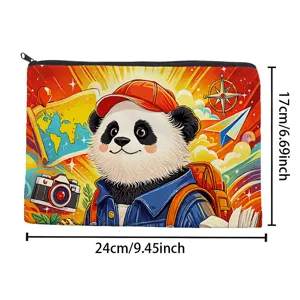 Cute panda travel theme printed zipper cosmetic bag, portable stationery storage pouch for daily use.