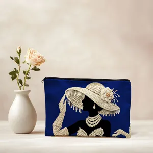 Canvas cosmetic bag with elegant pearl lady print, zipper closure, stylish makeup storage pouch.