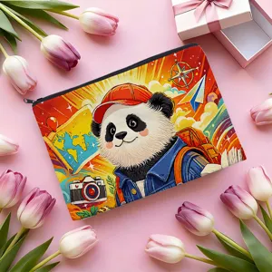 Detailed view of portable zipper makeup bag featuring cute cartoon panda travel design.