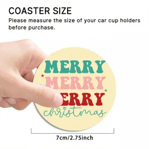 Close-up detail of a cute retro Christmas car coaster showing its size and leather material.
