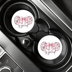 Dessous de verre pour porte-gobelet de voiture, ronds absorbants avec nœud rose et texte inspirant.