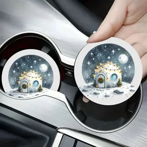 Christmas car coaster set featuring a cute winter snowhouse graphic for auto cup holders.