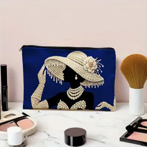 Canvas cosmetic bag featuring pearl lady print, durable zipper closure and large capacity.
