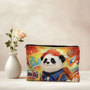 Detail view of the portable zipper cosmetic bag featuring a cute travel panda print.