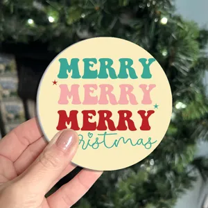 Close-up shot of a cute round retro Christmas car cup coaster with stylish holiday text.