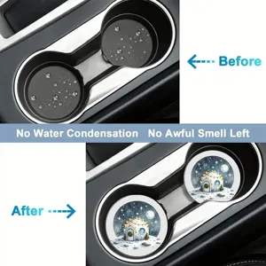 Car cup holder coasters detail view showing great water absorption performance and winter decor.