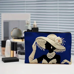 Canvas cosmetic bag with elegant pearl woman print, durable zipper closure for daily storage.