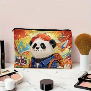 Cute cartoon panda travel makeup bag with zipper, portable canvas cosmetic pouch for daily use.