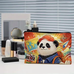 Cute cartoon panda print zipper cosmetic bag, portable travel storage pouch for daily use.