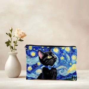 Canvas cosmetic bag with starry night black cat print, zipper closure, daily storage pouch.