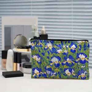 Floral canvas zipper cosmetic bag and pencil pouch, portable makeup storage organizer for daily use.