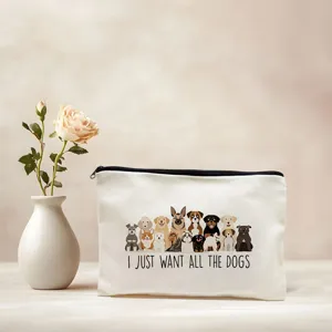 Weisse Leinen Kosmetiktasche mit niedlichen Hunde Illustrationen und Text, ideal zur Aufbewahrung.