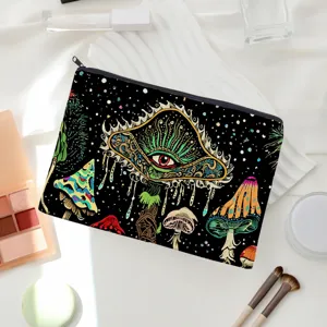 Detailed view of trippy mushroom art cosmetic zipper pouch and makeup storage bag aesthetic.