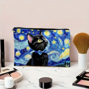Canvas cosmetic pouch detail view, Starry Night black cat pattern, large storage bag.
