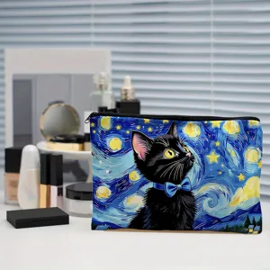 Canvas zipper cosmetic bag with starry night black cat print, large capacity makeup pouch organizer.