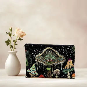 Psychedelic mushroom eye print cosmetic pouch, zipper makeup bag and stylish pencil case.