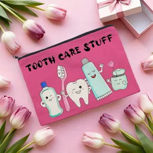 Jolie trousse de maquillage en toile rose avec motif de dessin animé dentaire, pochette portable.