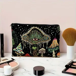 Psychedelic mushroom eye print cosmetic bag, canvas zipper makeup pouch for travel use.