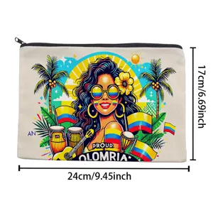 Canvas zipper cosmetic bag with vibrant Colombian art print, large capacity travel pouch.