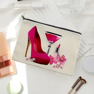 Canvas cosmetic makeup bag with stylish high heel print, durable zipper pouch for travel.