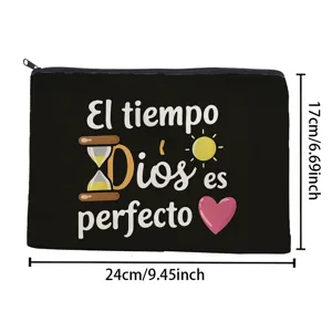 Schwarze Leinen Reißverschluss Kosmetiktasche mit inspirierendem Text Druck, praktische Tasche.