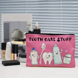 Jolie trousse de maquillage en toile rose, pochette de toilette portable, sac de rangement.