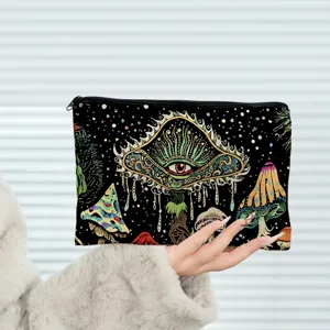 Trippy mushroom all-seeing eye print zipper pouch, stylish cosmetic bag, aesthetic pencil case.