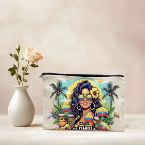Canvas makeup bag featuring vibrant tropical Colombian artwork, spacious zipper storage pouch.