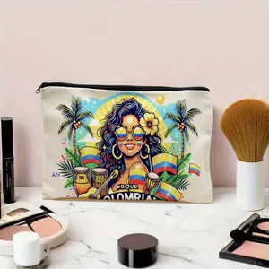 Detailed view of the canvas cosmetic bag featuring vibrant Colombia cultural print and zipper.