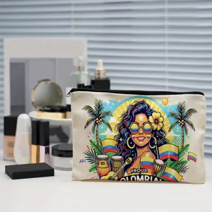 Canvas cosmetic bag with vibrant Colombian print, durable zipper pouch for makeup storage.