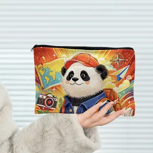 Portable zipper makeup bag with cute travel panda print, ideal for travel and daily storage.