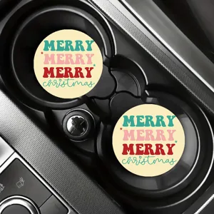 Christmas car coasters set of two, cute retro holiday style cup holder mats for auto interior.