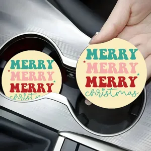 Cute Christmas car coasters set, retro aesthetic round cup holder mats for auto interior decor.