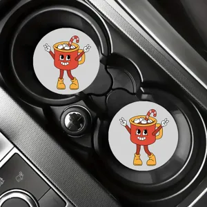 Detailed view of cute cartoon car cup holders inside the center console, anti-slip rubber design.