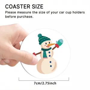 Car cup coaster with cute snowman pattern, anti-slip round drink holder mat for auto interior.