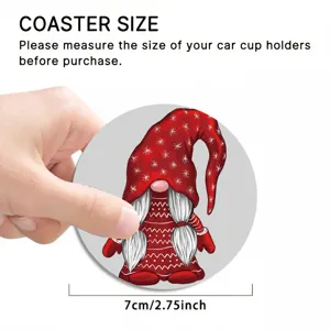 Christmas gnome car coaster detail, 7cm round silicone cup mat with festive red holiday style.
