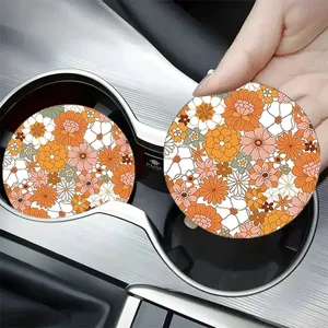 Vue détaillée du sous-verre de voiture à fleurs rétro, tapis rond antidérapant pour habitacle.