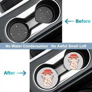 Car cup holder coasters with cute snowman design, anti-slip and absorbent for auto interior.