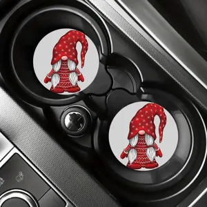 Christmas gnome car coasters pair detail, red snowflake holiday absorbent cup holder mats.