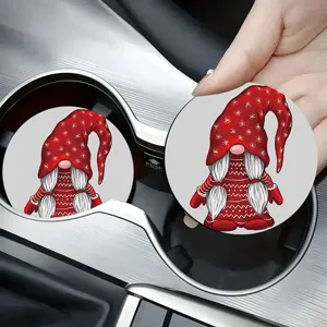 Christmas Gnome car coaster detail view, cute red holiday cup holder mat for vehicle interior