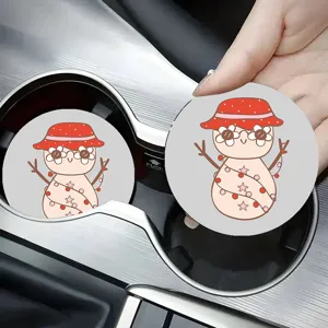 Cute cartoon snowman car cup coasters, non-slip absorbent insert for auto cup holder interior decor detail.