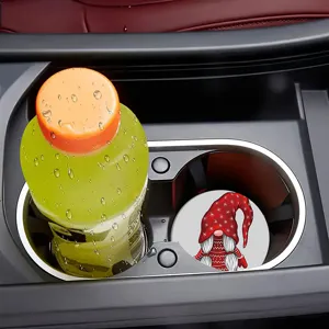 Festive Christmas gnome diamond painting car coaster, cute holiday auto cup holder insert mat.