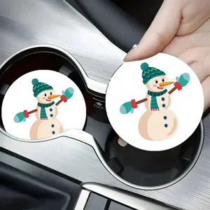 Cute cartoon snowman car cup coaster, anti-slip vehicle interior decoration accessory mat.