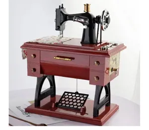 Vintage wooden sewing machine music box, retro mechanical wind up craft gift for home decor.