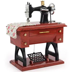 Vintage sewing machine music box retro red wood style classic home decor gift.