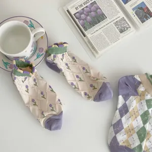 Calzini corti donna stile coreano blocco colore rombi, calzini barca stile college con fiori dolci.